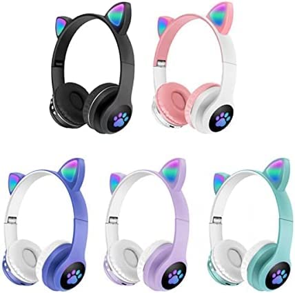 BCM Auriculares Niños Inalámbricos Luz LED Cascos Diadema Orejas de Gato para Niñas Niños, Bluetooth Plegables Micro SD TV Regalo Cumpleaños Navidad Morado (Morado)