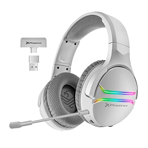 Phoenix Echo Wireless Auriculares Inalámbricos Gaming 7.1 para PS5, Switch y PC, Receptor Tipo C con Adaptador, Iluminación RGB, Micrófono, Cancelación de Ruido (Blanco)