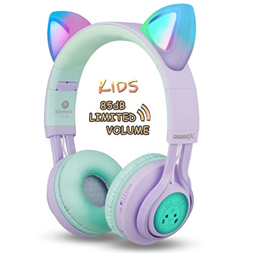 RiwBox CT-7S Auriculares Bluetooth con Orejas de Gato para niños, limitación de Volumen a 85 dB, luz LED, inalámbricos con micrófono para iPhone/iPad/Ordenador portátil/Pc/Televisión Púrpura&Verde