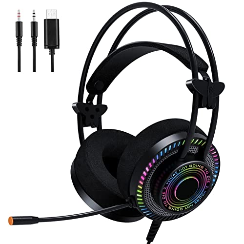 Amazon Brand - Umi Cascos Gaming Diadema, Auriculares con Microfono Luz RGB USB & 3.5mm Cable, Cascos Gaming PC PS4 Switch Xbox - Negro