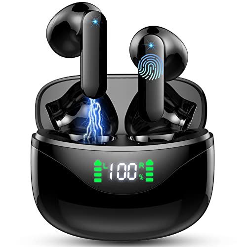 Auriculares Inalámbricos, Auriculares Bluetooth 5.3 con 4 Mic Llamadas en HD, Mini Cascos Inalambricos Bluetooth IP7 Impermeables/Doble Pantalla LED, 36H In Ear Audifonos Control Táctil USB-C Negro