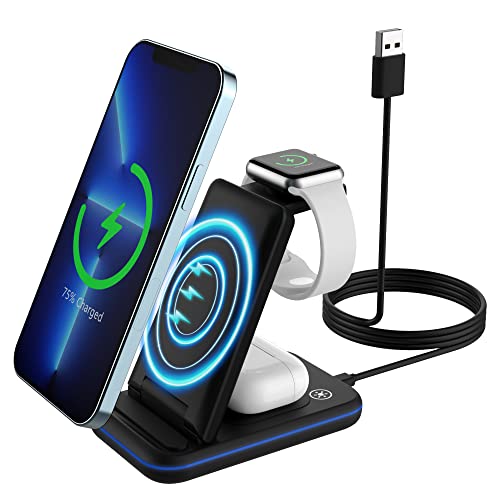 MoKo Cargador Inalámbrico 3 en 1, 15w Qi Base de Carga Rápida Plegable Compatible con iPhone 14/13/12/Pro/SE/11/X/XS/XR/Samsung Galaxy S20/Plus/Ultra/S10/iWatch SE/7/6/5/4/3/2, AirPods 3/2/Pro, Negro