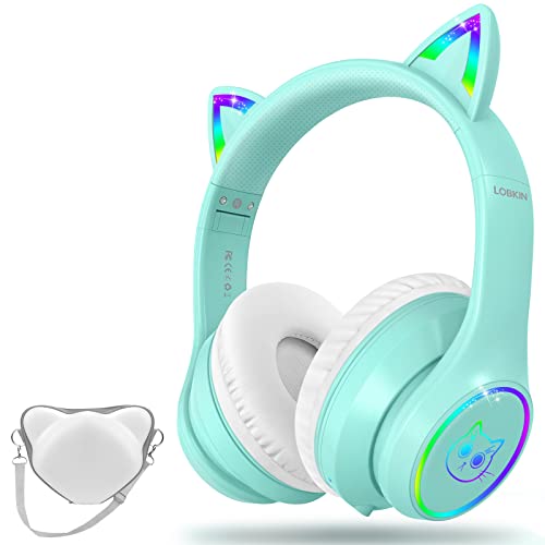 LOBKIN Auriculares Bluetooth para niños con Bolsa - RGB LED Light Up Cat Ears Plegables Ajustables en la Oreja Auriculares Soporte inalámbrico o Modo con Cable de para niños pequeños y niñas y