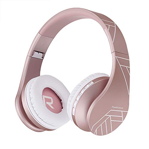 PowerLocus Auriculares Inalámbricos Diadema, Cascos Bluetooth con Micrófono Incorporado, Alta fidelidad Estéreo Plegables Cerrados, Micro SD/TF, FM para Móviles/TV/PC (Oro Rosa)