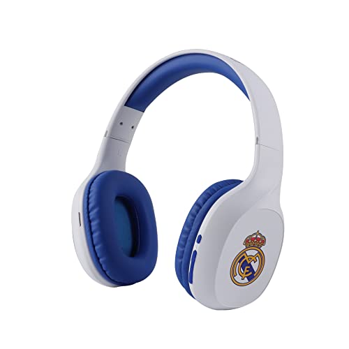 Real Madrid Club de Fútbol - Auriculares Inalámbricos Tipo Diadema - Conexión Bluetooth - Función Manos Libres - Batería de 250 mAh - Almohadillas con Reducción de Ruido - Producto Oficial del Equipo