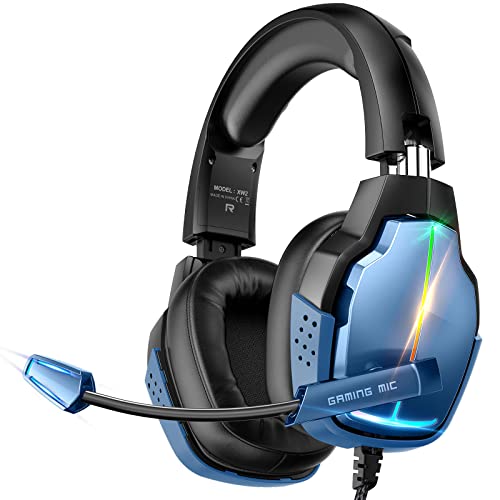 Tatybo Auriculares Gaming PS4 PS5 PC Xbox One Switch, Cascos Gaming PS4 Estéreo con 90° Almohadillas Giratorias, Micrófono con Cancelación de Ruido, 4 Modos RGB Luz (Azul)