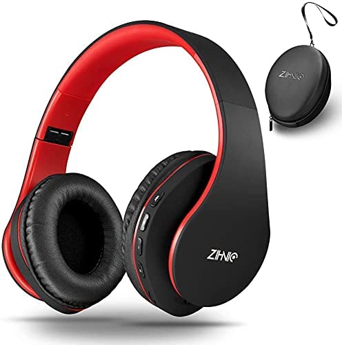 zihnic Auriculares Bluetooth Inalambricos, Cableados con Micrófono Plegables Estéreo Cascos Inalambricos Bajos Profundos para TV/PC/Teléfonos Celulares, Diadema con Orejeras Confortables-Negro/Rojo