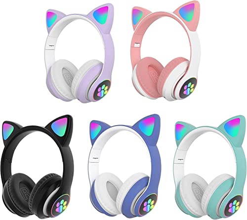 BCM Auriculares Niños Inalámbricos Luz LED Cascos Diadema Orejas de Gato para Niñas Niños, Bluetooth Plegables TV Regalo Cumpleaños Navidad Morado (Blue - Azul)