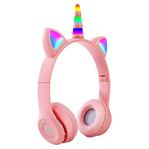 JUVEL Auriculares con diseño de Unicornio y Gato Iluminado Cascos Bluetooth Inalámbricos con luz LED, Ajustable, Plegables para Movil, Tablet,PC (Rosa)