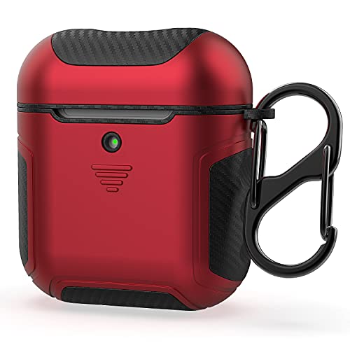 ORETECH Funda Silicona para Airpods 1 y Airpods 2 [LED Frontal Visible] [Funciona con Carga inalámbrica] Fibra de Carbon Antichoque Caso con Mosquetón Carcasa para Apple Eirphone Airpods 1&2, Rojo