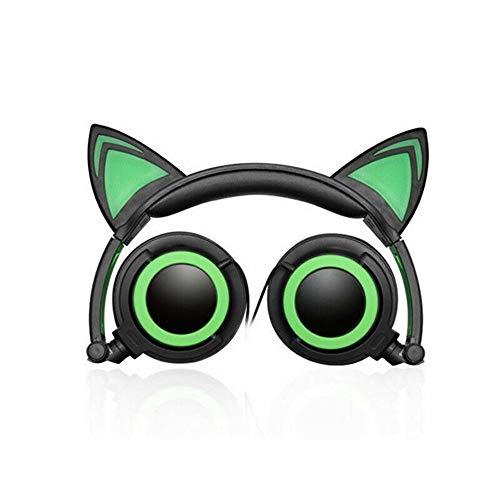 Auriculares Bluetooth, Cat Ear LED Light Up Auriculares inalámbricos Plegables sobre la Oreja con micrófono y Control de Volumen para teléfonos Inteligentes/computadora portátil/PC/TV, (Verde)