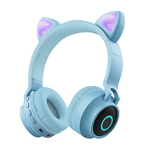 Funwaretech Auriculares Bluetooth para Niños con Micrófono, Auriculares Inalámbricos con Orejas de Gato,Estéreo de Alta Fidelidad para iPhone Android PC de Niña(Azul)