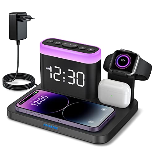 Cargador Inalámbrico,5 en 1 Despertador con Estación de Carga Inductiva,7 Luz Nocturnas,Base de Carga Inalámbrica para iPhone 14/13/12/11/Pro/Max Samsung Phone,Apple Watch 8/7/6/5/SE,AirPods Pro/3/2/1