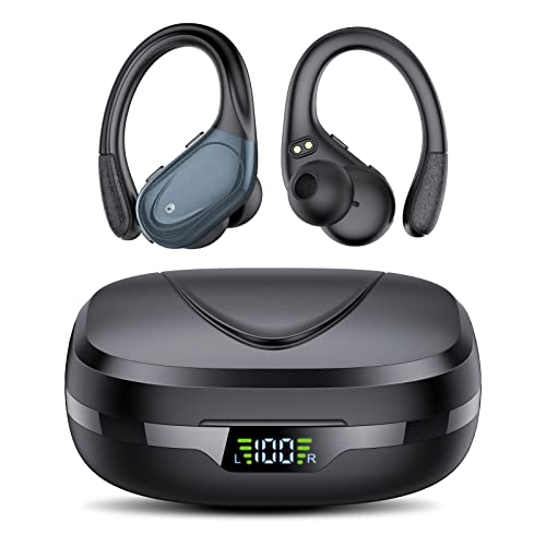 Auriculares Inalambricos, Auriculares Bluetooth 5.3 Deportivos con Gancho de la Oreja, 60H de Reproducción, Pantalla LED, Llamada ENC HD, Profundamente Bajo, Ajuste Cómodo, IPX7 Impermeable(Negro).