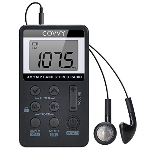 COVVY Radio Pequeña Portatil, Mini Radio de Bolsillo Pocket Am/FM 2 Bandas de Radio Estéreo DSP Digital Tuning Receptor con Pantalla LCD USB Recargable y Auricular para Caminar