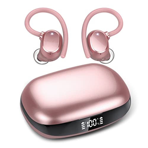 Auriculares Inalambricos Deportivos, Auriculares Bluetooth 5.3 con HD Mic, 48Hrs de Reproducción,Carga Rápida USB-C, Pantalla LED, IP7 Impermeable Cascos Inalambricos con Gancho de la Oreja (Oro Rosa)