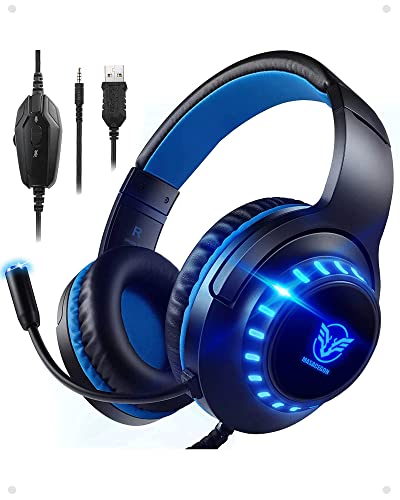 Pacrate Cascos Gaming para PS4/PS5/Xbox One/Nintendo Switch/PC, Auriculares Gaming con Microfono Cascos PS4 con Sonido Envolvente Estéreo, Cascos Gamer con Cancelación de Ruido, Luz LED, Azul