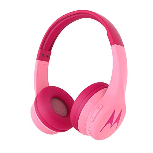 Motorola Squads 300 - Auriculares Bluetooth para Niños - 24hrs - Volumen limitado 85dB, Flexible y duradero, Protección auditiva y función para compartir música, Cojín antialérgico (sin BPA) - Rosa