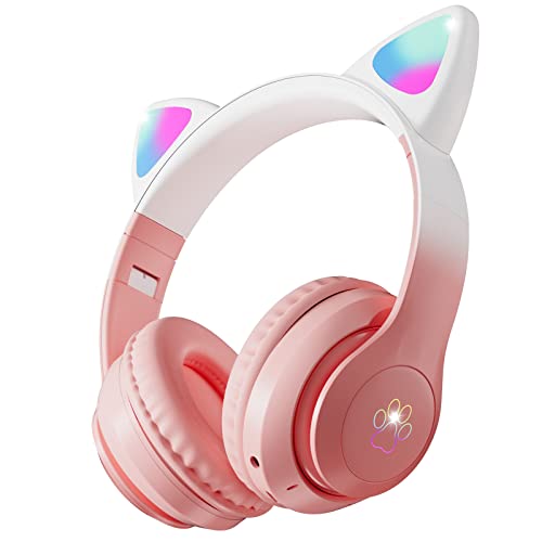 Auriculares Niños Inalambricos,Auriculares Bluetooth de Diademacon Orejas de Gato para Niñas, Bluetooth Plegables Auriculares con Micrófono, Micro SD para TV Regalo para Cumpleaños/Navidad (Rosa)