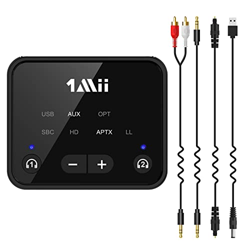 1Mii Bluetooth Transmisor 5.2 para TV a 2 Auriculares Inalámbricos, Adaptador Audio Inalámbrico con Baja latencia/Conexión Dual Entradas de Audio ópticas/USB/AUX/RCA