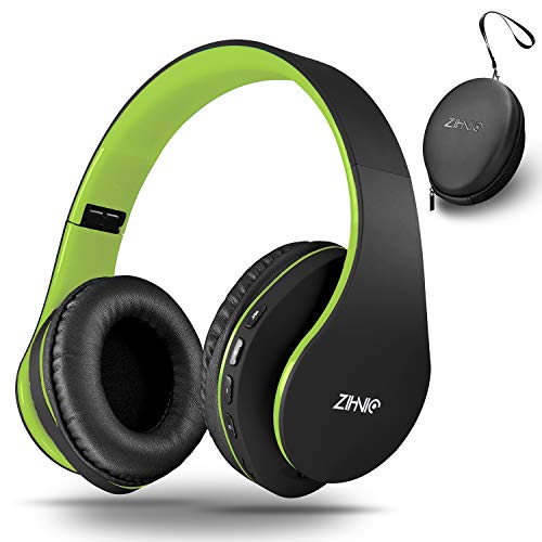 zihnic Auriculares Bluetooth Inalambricos, Cableados con Micrófono Plegables Estéreo Cascos Inalambricos Bajos Profundos para TV/PC/Teléfonos Celulares, Diadema con Orejeras Confortables-Negro/Verde