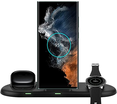 leQuiven 3 en 1 Estación Cargador inalámbrico para Samsung Galaxy Z Fold 3/Flip 3/S21 S20 S10 Wireless Charger for iPhone 1 3/12 Pro MAX Mini, Cargador Qi para Galaxy Watch 4/3 Active 1 2 (Negro)