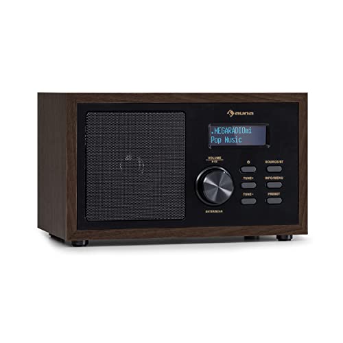 auna Ambient - Radio Dab+/FM, Bluetooth 5.0, A2DP, AUX, Conexión Auriculares, Capacidad 40 emisoras, Temporizador, Despertador, Indicador Fecha/Hora, Pantalla LCD, Estética de Madera, Negro/marrón