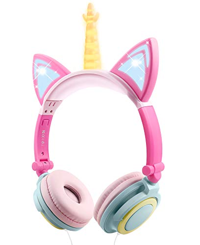 sunvito Auriculares Niños de Unicornio - Cascos Niña con luz LED, Plegables, Ligeros, con Cable de Audio de 3,5 mm para Smartphone, Tablet, Portátil, Ordenador