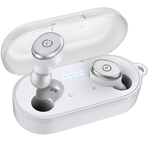 TOZO T10 Auriculares Bluetooth IPX8 Impermeable Bluetooth 5.3 In Ear inalámbricos con Estuche de Carga y micrófono, Sonido Premium con Graves Profundos para Correr y Hacer Deporte Blanco