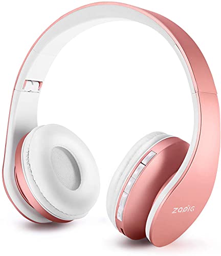 ZAPIG Auriculares Bluetooth para niños, Auriculares Plegable para niños con Volumen Limitado, niñas y niños, Auriculares Ajustable y Plegable con micrófono-Rosa Oro