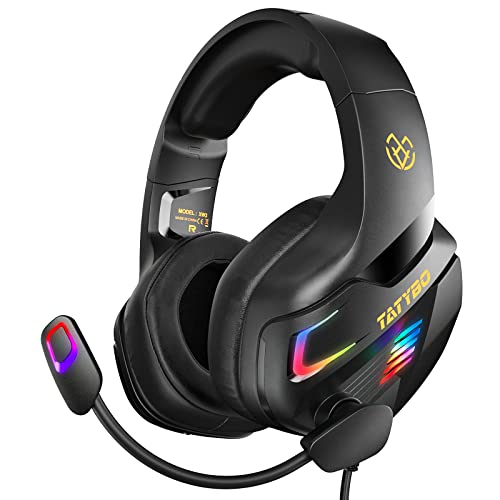 Cascos Gaming con Micrófono, Cascos PS4 con Nivel de Sonido Envolvente Rico, Orejeras Grandes y 4 Modo Luz RGB, Auriculares Gaming para PS4 PS5 PC Xbox One Switch (Negro)