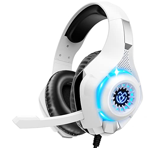 Tatybo Auriculares Gaming PS4 PS5 Xbox PC, Cascos Gaming con Graves Envolventes 3D, Micrófono Reducción de Ruido (Blanco)