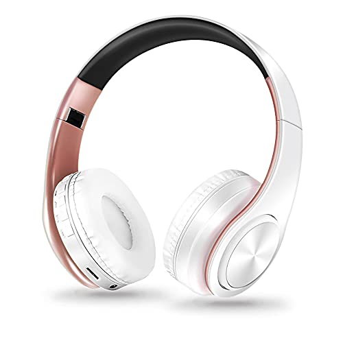 AXELENS Auriculares Inalámbricos Bluetooth Over Ear con Aislamiento de Sonido Cancelación de Ruido con Micrófono Incorporado Radio FM y Tarjeta TF SD Batería de Larga Duración - Plegables Rosa Oro