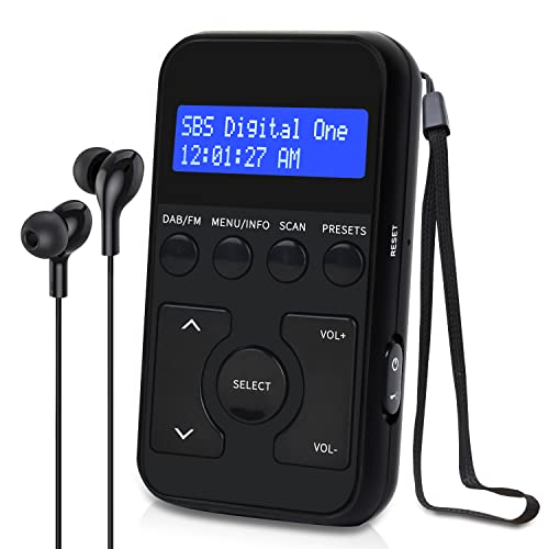 MangoKit MP1 Radio Portátil Pequeña Dab/Dab+ y FM,Mini Radio de Bolsillo Digital Batería Recargable con Auriculares,Botones bloqueables,batería o Red alimentada,20 Estaciones preestablecidas (Negro)