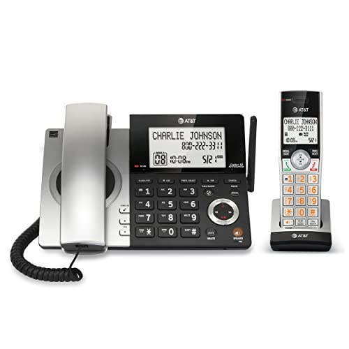 AT&T CL84107 DECT 6.0 - Teléfono inalámbrico con mando a distancia y bloqueador de llamadas inteligentes, color negro y plateado con 2 auriculares