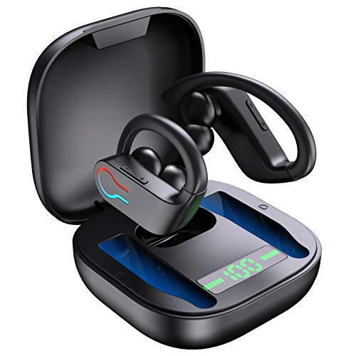 Donerton Auriculares Inalambricos Deportivos, Auriculares Bluetoth 5.1 con Micrófono, IP7 Impermeable, Reproducción de 45 Horas, Calidad de Sonido HD, Cascos Inalambricos para Correr, Azul Negro