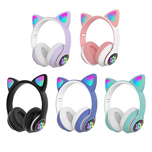 BCM Auriculares Niños Inalámbricos Luz LED Cascos Diadema Orejas de Gato para Niñas Niños, Bluetooth Plegables Micro SD TV Regalo Cumpleaños Navidad Morado (Rosa)