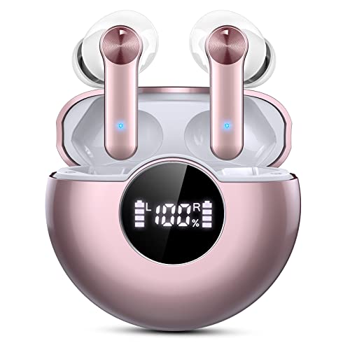 Tianeer Auriculares Inalambricos, Auriculares Bluetooth 5.2 con HD Micrófono, 48Hrs de Reproducción, IP7 Impermeable,USB-C,Hi-Fi Estéreo Cascos Inalambricos con Control Táctil (Oro Rosa)