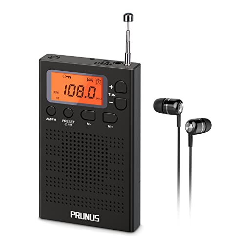 PRUNUS J-125 AM FM Radio Portatil Pequeña Digital con Preajuste, Radio Despertador con Auriculares, Radio Bolsillo conTemporizador/Reloj/Botón de bloqueo, Funciona con 2 pilas AAA para Caminar,Viajar.