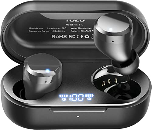 TOZO T12 Auriculares Inalámbricos Bluetooth, Cascos Inalambricos Bluetooth 5.3 con Control táctil y Pantalla LED de Inteligencia Digital IPX8 Impermeables, Rápida Carga USB-C Graves Intenos