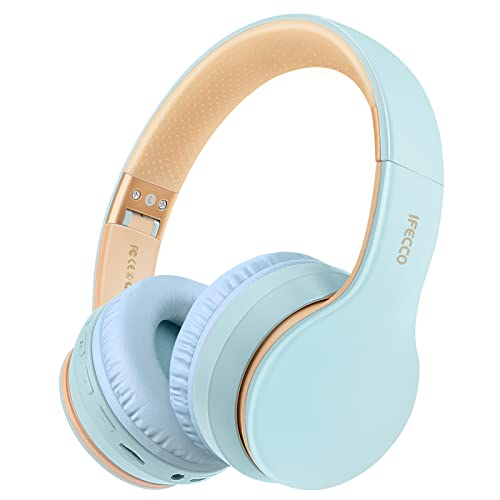 I love e iFecco Cascos Bluetooth Diadema, Estéreo Música Auriculares Cerrados Inalámbricos Plegables HiFi con Micrófono Incorporado y Cable, Soporte Micro SD/TF/FM, para Móviles/TV/PC/MP3 (Azul)