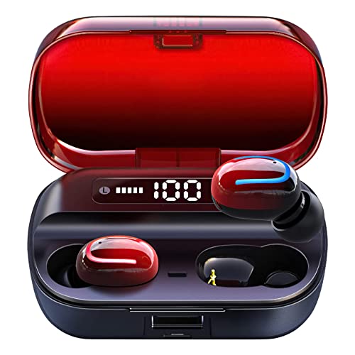 Kinganda Auriculares Bluetooth en el oído, Bluetooth 5.1, inalámbricos, IPX7, resistentes al agua, 100 horas, tiempo de reproducción, auriculares inalámbricos con caja de carga LED de 3500 mAh (rojo)