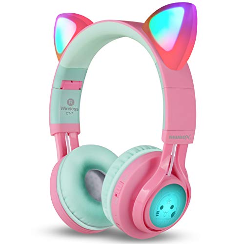 RiwBox CT-7 - Auriculares Bluetooth con Orejas de Gato, luz LED, inalámbricos, con micrófono y Control de Volumen, para iPhone/iPad/Smartphone/portátil/PC/TV Rosa&Verde