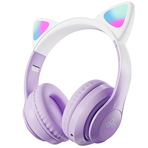 Auriculares Bluetooth para Niños con Micrófono/Luces LED,Cascos Inalámbricos, Sonido Estéreo, Auriculares Inalámbricos para Movil, Tablet,Laptops, PS4, para Regalo de cumpleaños/crisma（Morado）