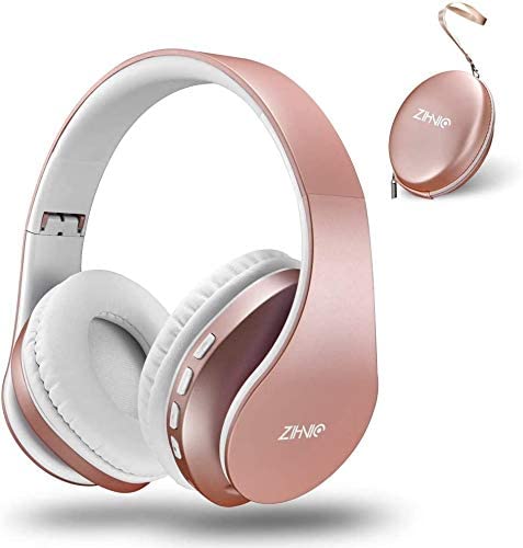 zihnic Auriculares para Colocar sobre la Oreja con Bluetooth, Auriculares estéreo con Cable e inalámbricos Plegables Micro SD/TF, FM(Oro Rosa)