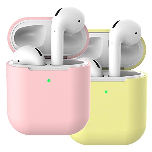 2X Funda Silicona Compatible con AirPods 2 & 1, Molylove Fundas Protectora de Silicona para AirPods, [LED Frontal Visible][Funciona con Carga inalámbrica] (AirPods 2, Amarillo+ Rosado)