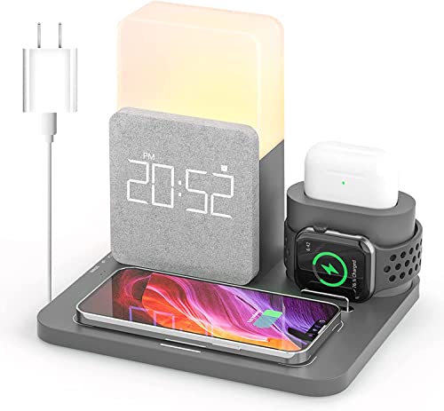 Cargador Inalámbrico, COLSUR 6 en 1 Estación de Carga Inductiva con 15W Lámpara de Mesa, Despertador para iPhone 14 Pro MAX 13, 12, Apple Watch 7 6 5 4 3 2, Airpods Pro, Samsung con Adaptador QC3.0