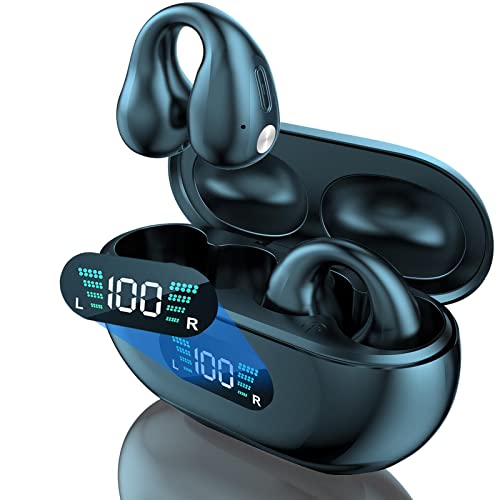 STFMHEZ Auriculares de Conduccion Osea, Bluetooth 5.3 Auriculares Deportivos Abiertos, Ear-Clip de Oreja Abierta inalámbrica Auriculares con Dual LED Pantalla, 36H de Reproducción, IP7 Impermeable