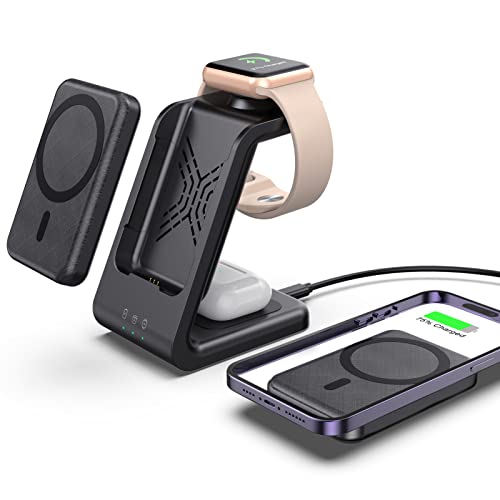 leChivée Magnética Cargador inalámbrico para Apple con 5000mAh P-ower Bank Desmontable,Rápido Carga Inalámbrica 3 en 1 para iPhone 14/13/12,Wireless Charger para iWatch Ultra/8/7/6,AirPods 3/2/Pro