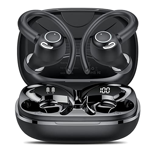 Auriculares Inalámbricos Deportivos, Auriculares Bluetooth 5.3 con HD Micrófono, Sonido Premium, 40H de Reproducción, Pantalla LED, Cómodos de Llevar, Cascos Inalambricos con Gancho